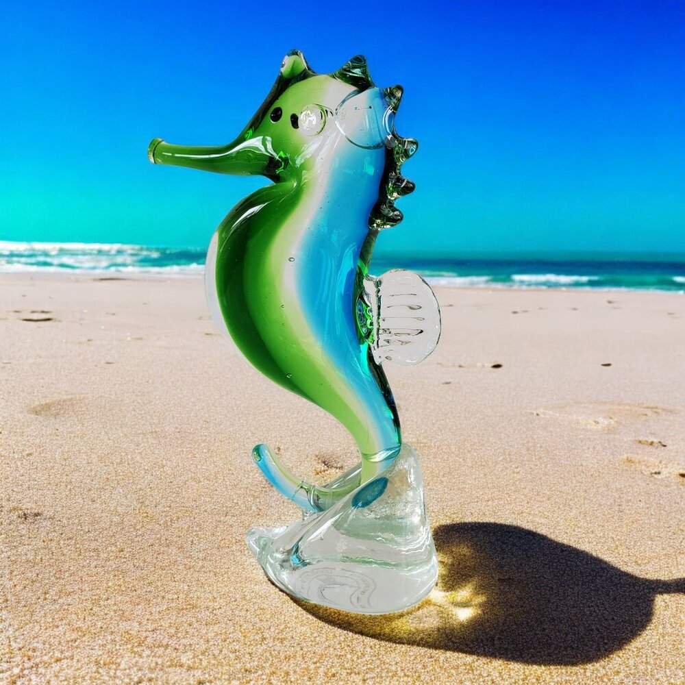 Dynasty Gallery Seahorse Figurine Blown Art Glass Blue Green Seaside Decor 5.75"
